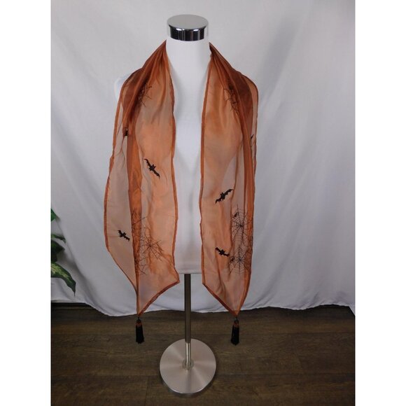Orange Bats Spiderweb Embroidered Tassel Sheer Scarf OS - Picture 10 of 10